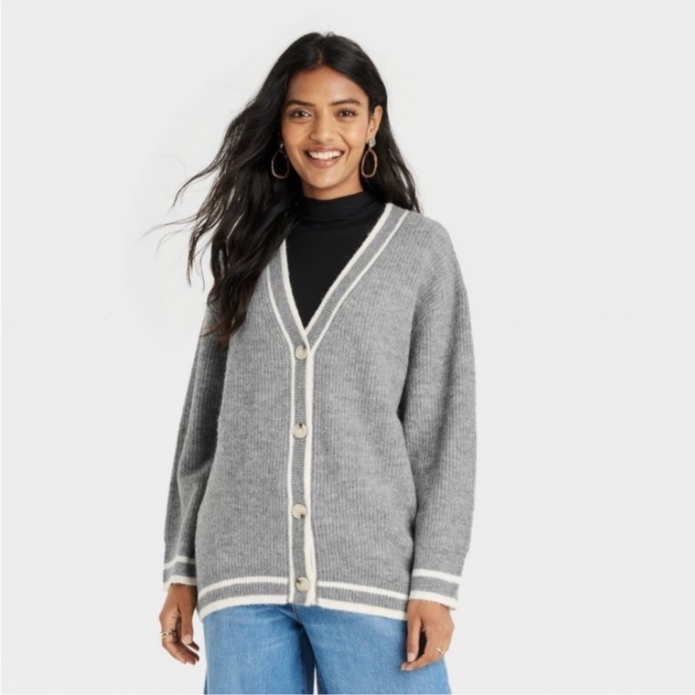 A New Day Women’s Varsity Gray V-Neck Button-Up Sweater Top Casual Cardigan